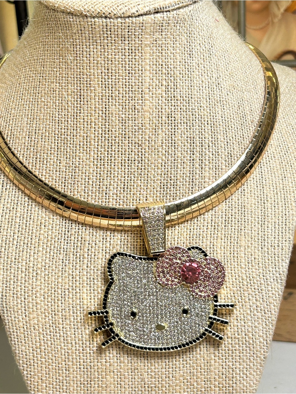 Hello Kitty Inspired Gold Tone Crystal Pendant Necklace - Pink Bow